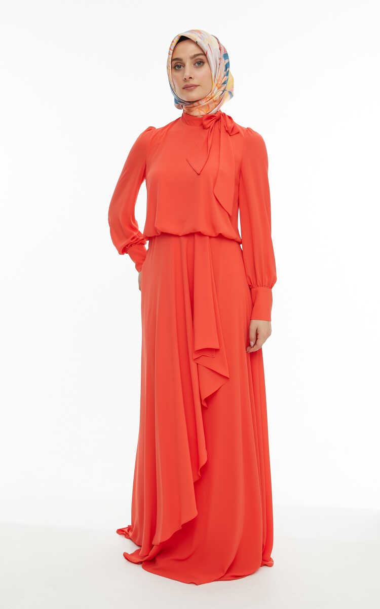 2421007 Yaka Bağlama Detaylı Şifon Abiye Elbise, Tesettür Giyim