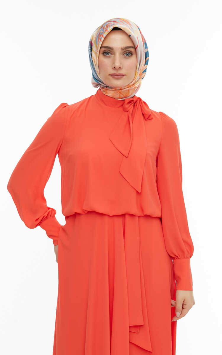 2421007 Yaka Bağlama Detaylı Şifon Abiye Elbise, Tesettür Giyim