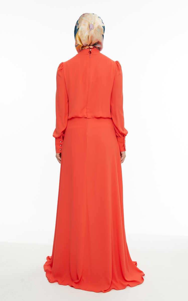 2421007 Yaka Bağlama Detaylı Şifon Abiye Elbise, Tesettür Giyim