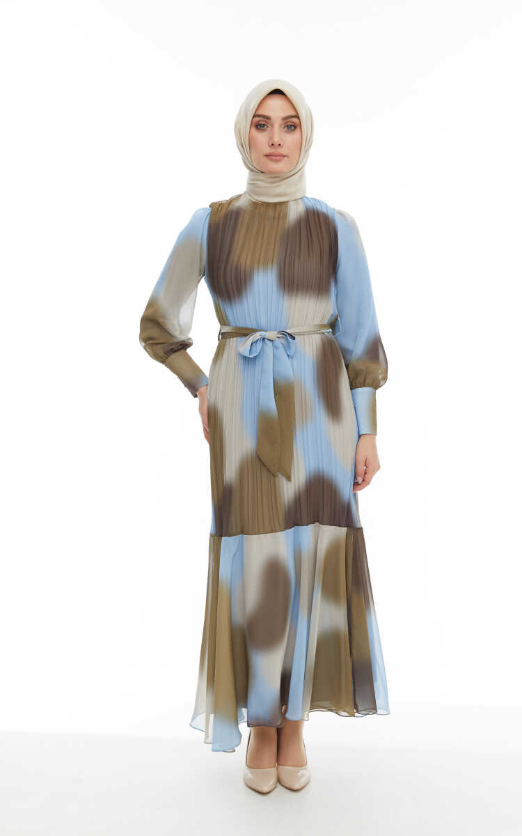 2425110 Piliseli Kuşaklı Şifon Elbise