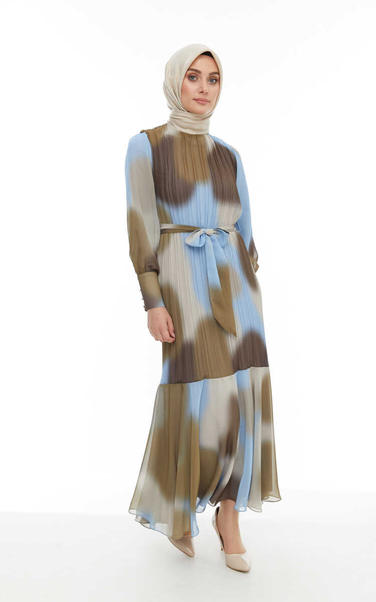 2425110 Piliseli Kuşaklı Şifon Elbise