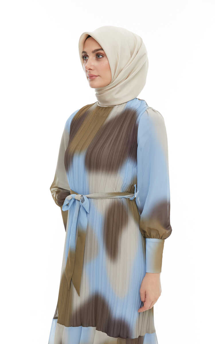 2425110 Piliseli Kuşaklı Şifon Elbise