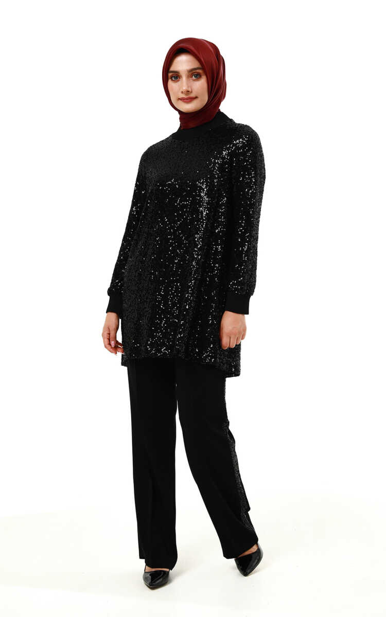 2512427140 Ribanalı Payet Tunik & Pantolon Takım