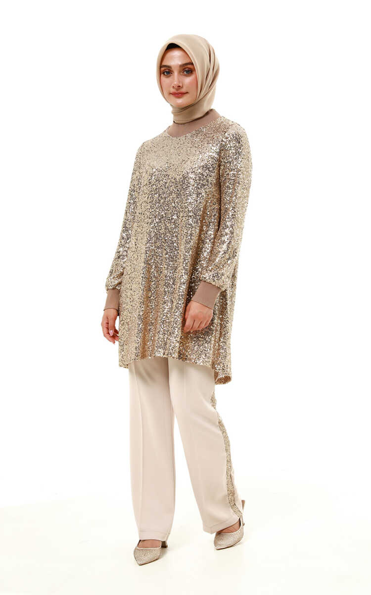 2512427140 Ribanalı Payet Tunik & Pantolon Takım