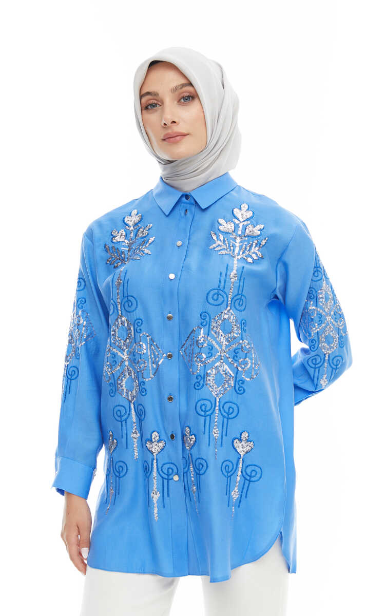 2424225 Payet Nakışlı Gömlek Yaka Tunik, Tesettür Giyim