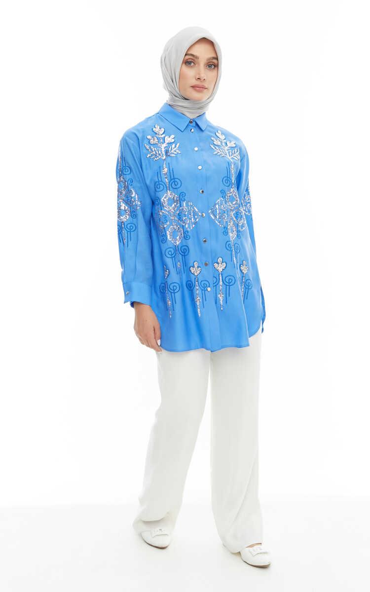 2424225 Payet Nakışlı Gömlek Yaka Tunik, Tesettür Giyim