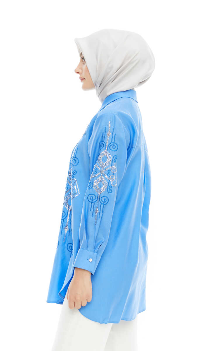 2424225 Payet Nakışlı Gömlek Yaka Tunik, Tesettür Giyim