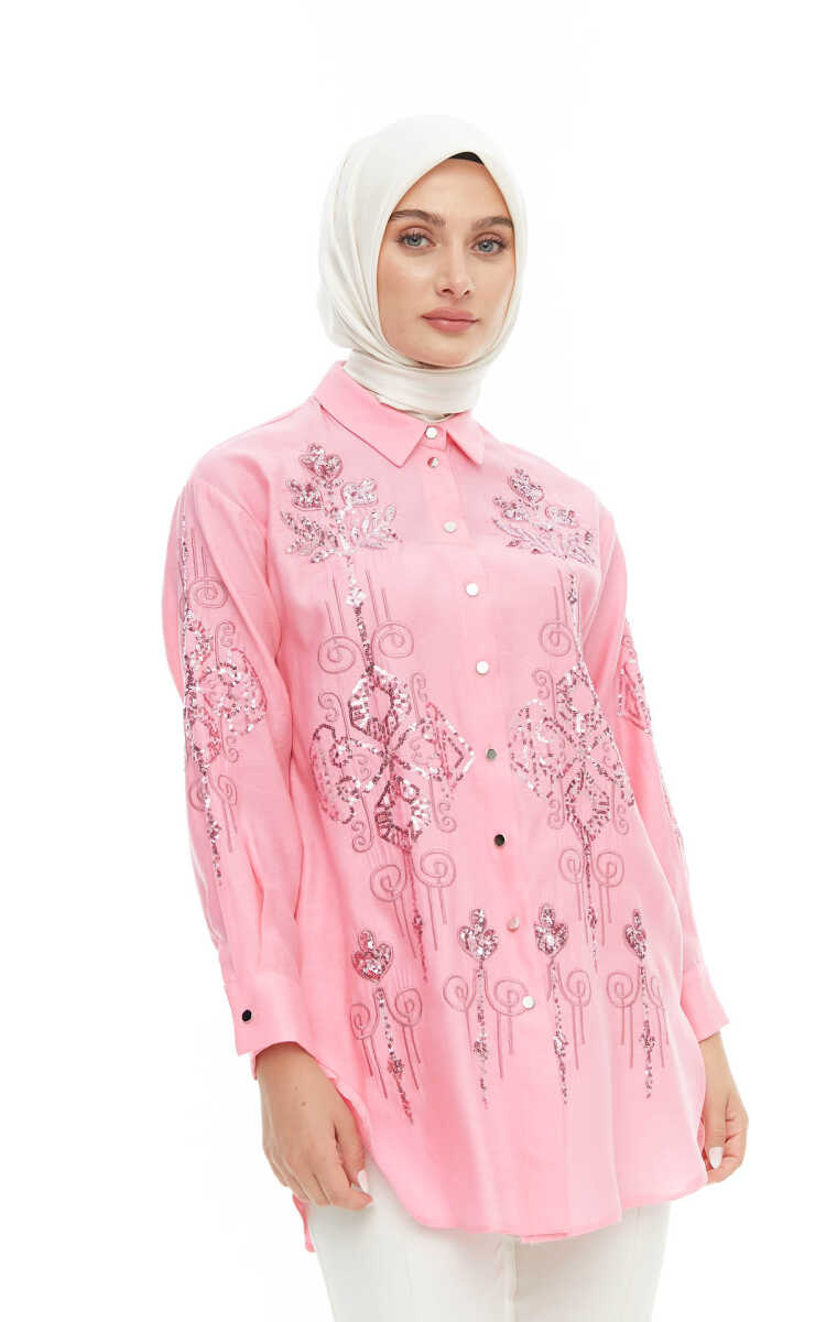 2424225 Payet Nakışlı Gömlek Yaka Tunik, Tesettür Giyim