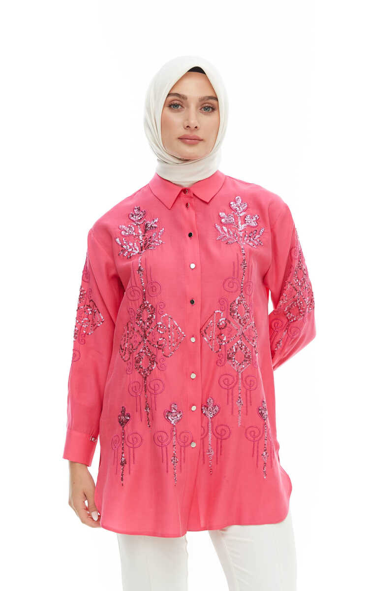 2424225 Payet Nakışlı Gömlek Yaka Tunik, Tesettür Giyim