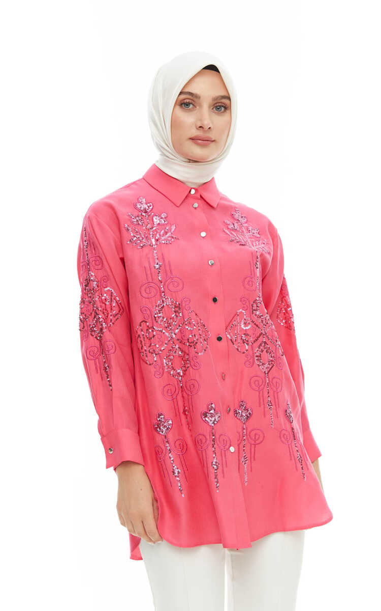 2424225 Payet Nakışlı Gömlek Yaka Tunik, Tesettür Giyim