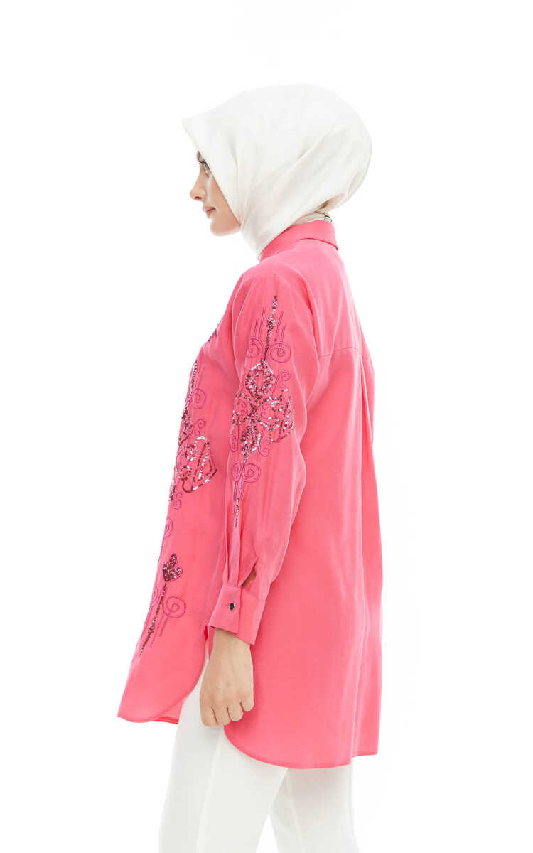 2424225 Payet Nakışlı Gömlek Yaka Tunik, Tesettür Giyim