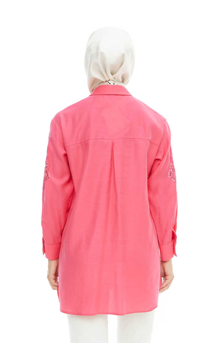 2424225 Payet Nakışlı Gömlek Yaka Tunik, Tesettür Giyim