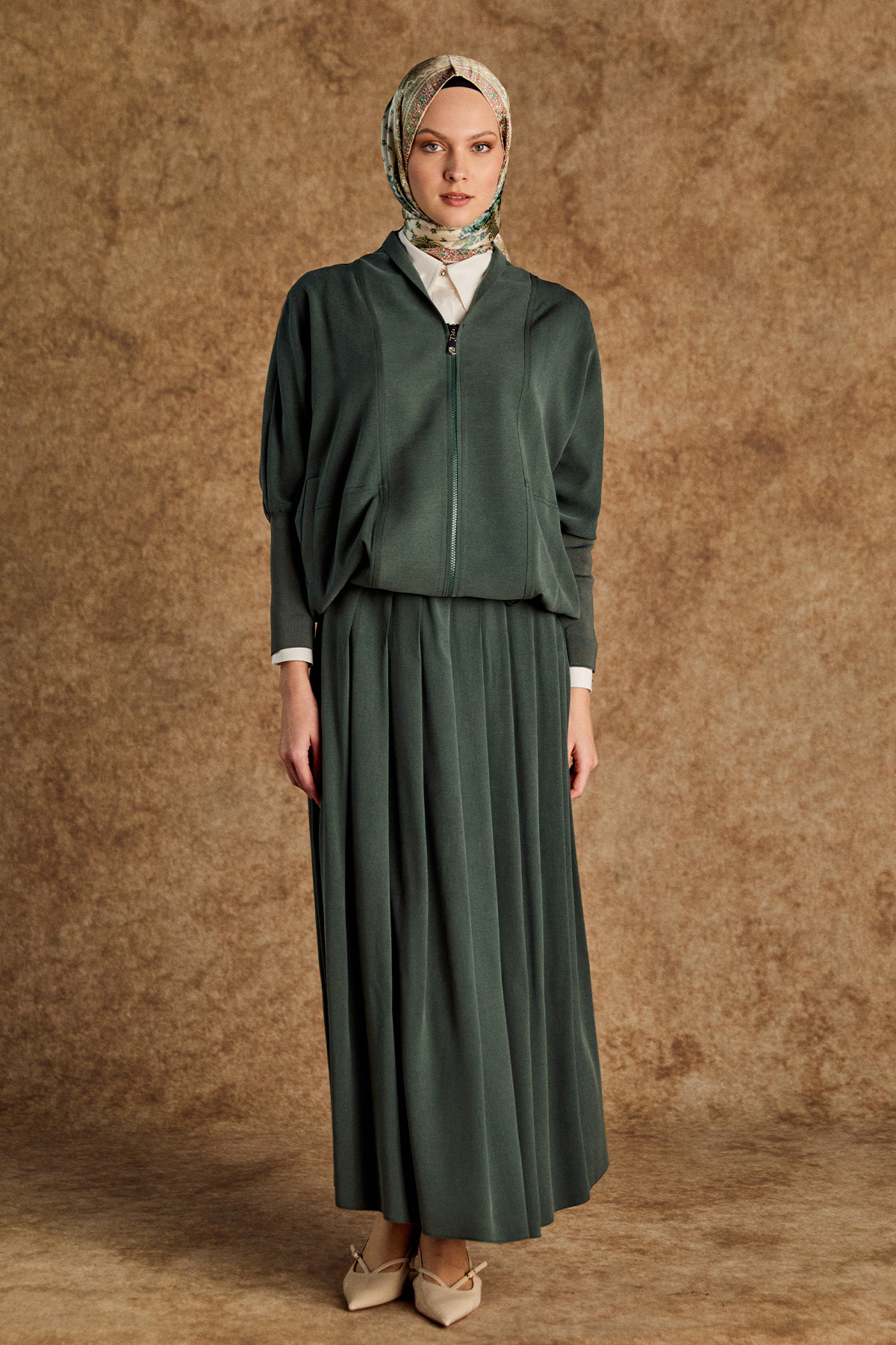 Stoper Detaylı Tunikli Pilikaşe Etek İkili Takım