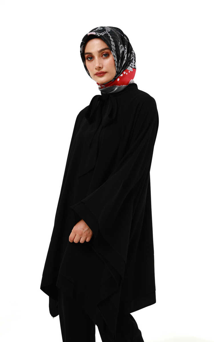 Şifon Mixli Yaka Bağcıklı Panço Tunik