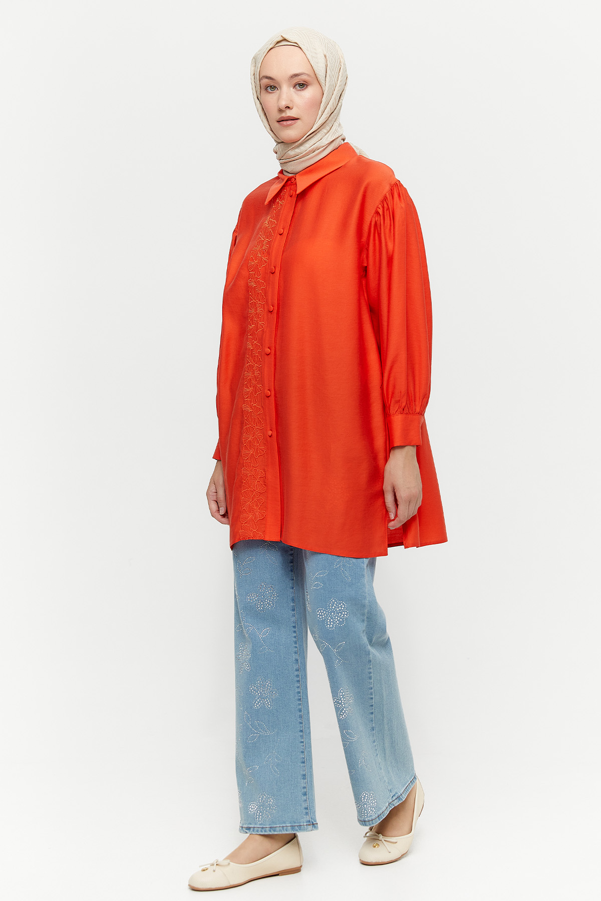 Desenli Taşlı Denim Pantolon