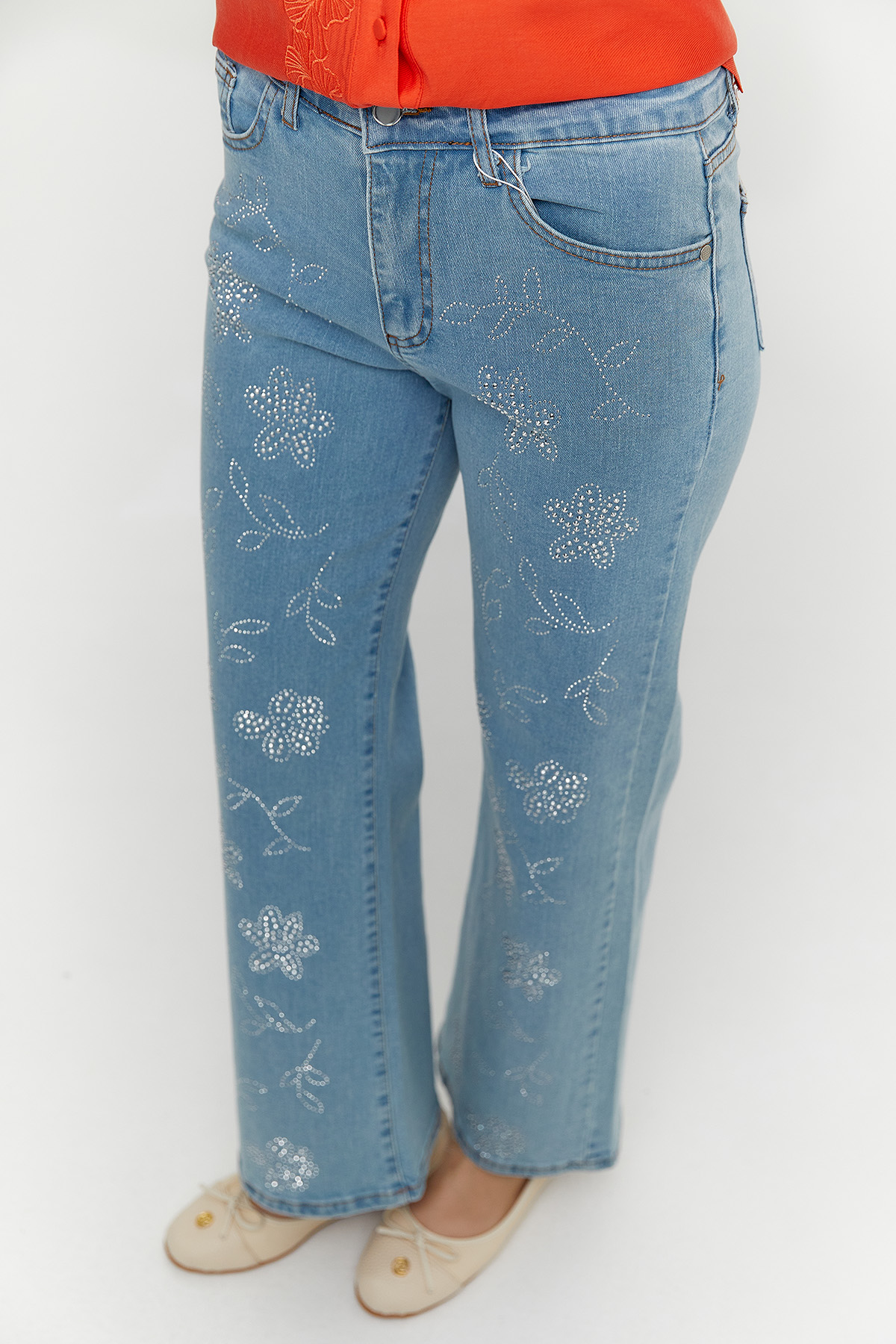 Desenli Taşlı Denim Pantolon
