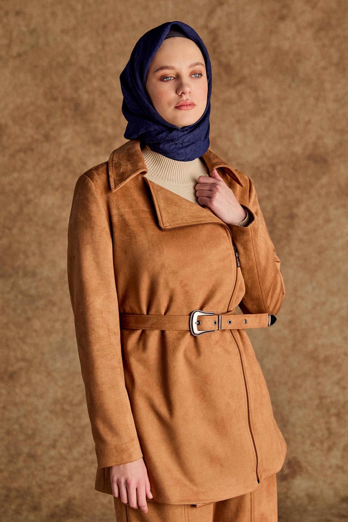 Kruvaze Süet Görünümlü Ceket, Tesettür Giyim