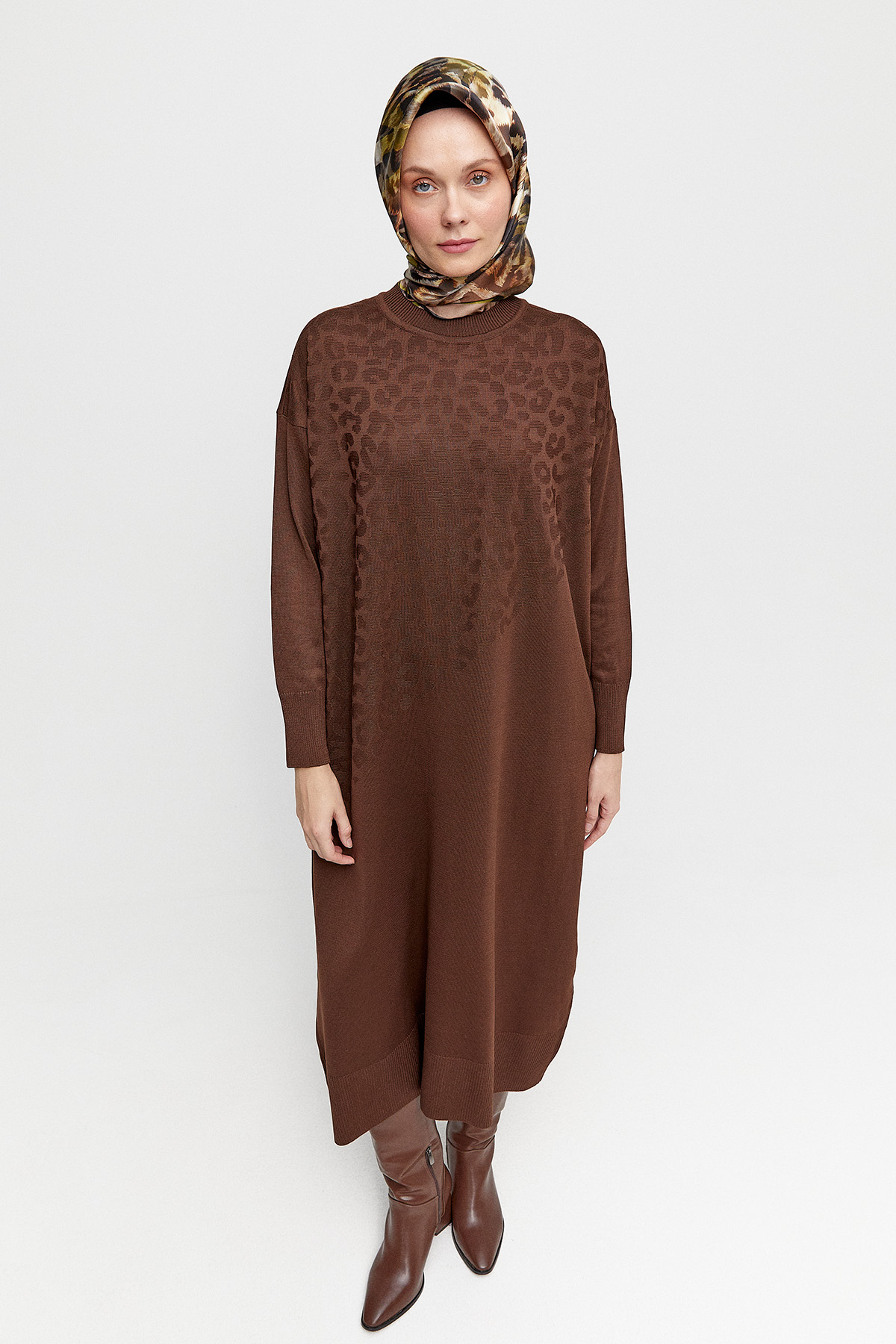 Leopar Desenli Triko Elbise