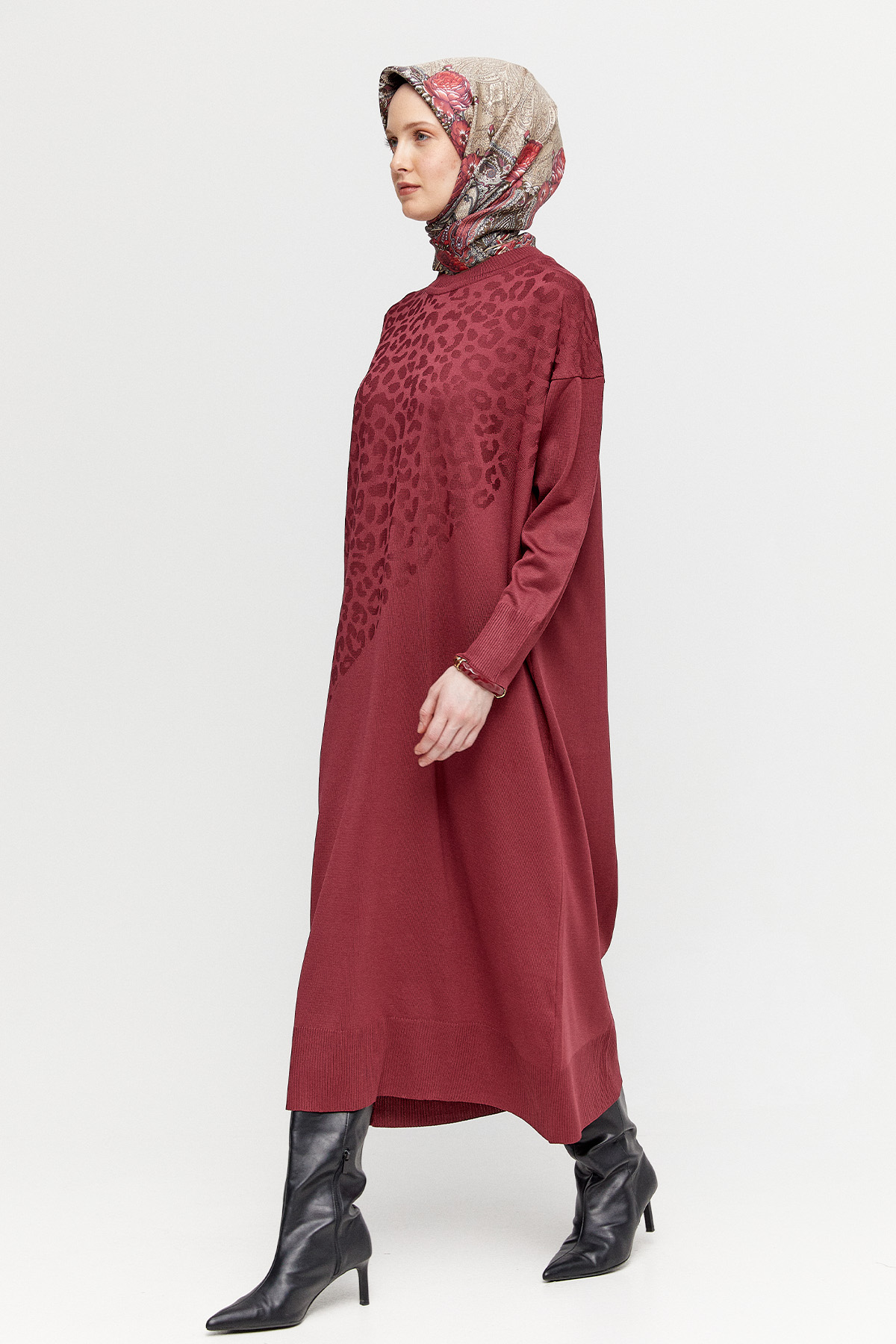 Leopar Desenli Triko Elbise