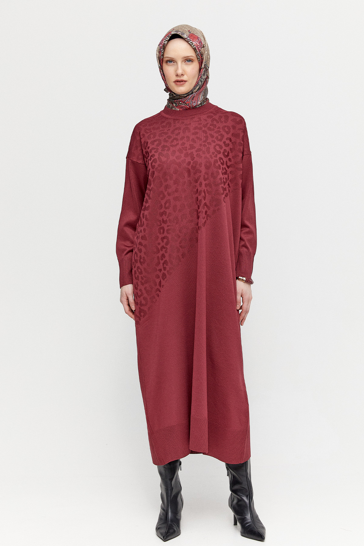 Leopar Desenli Triko Elbise
