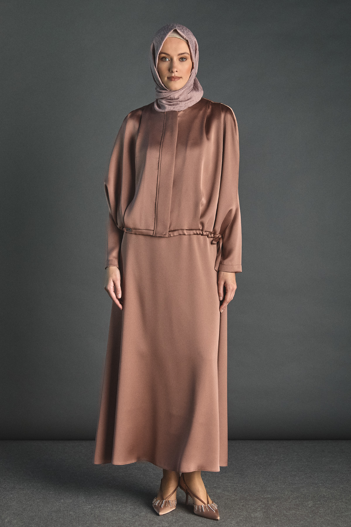 Yelekli Elbise Saten İkili Takım