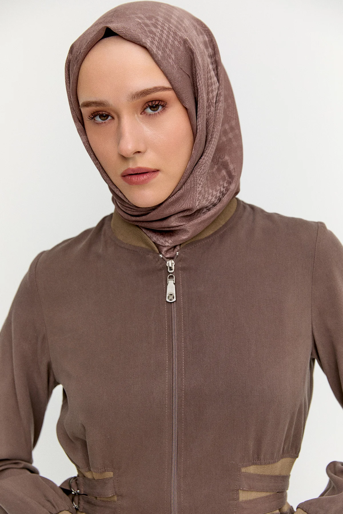 Kemerli Bomber Yakalı Lyocell Elbise, Tesettür Giyim