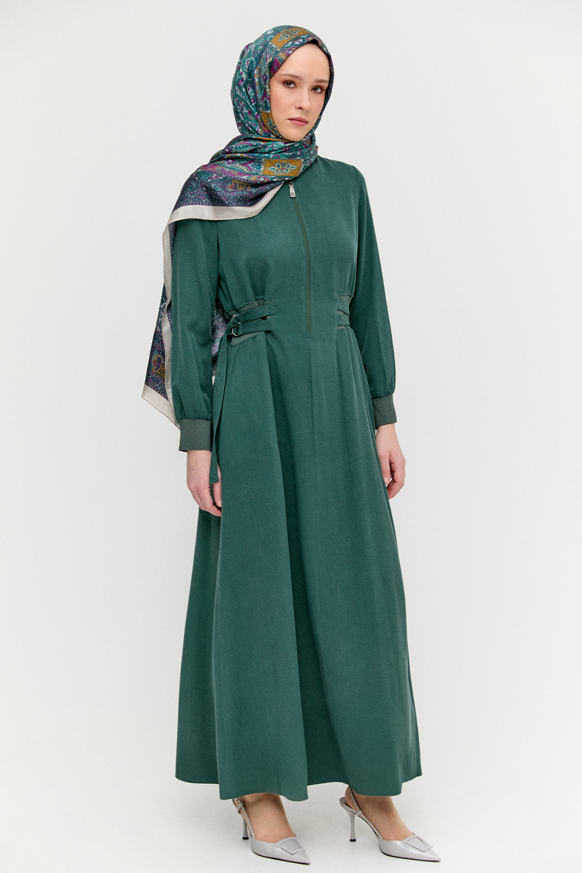 Kemerli Bomber Yakalı Lyocell Elbise, Tesettür Giyim