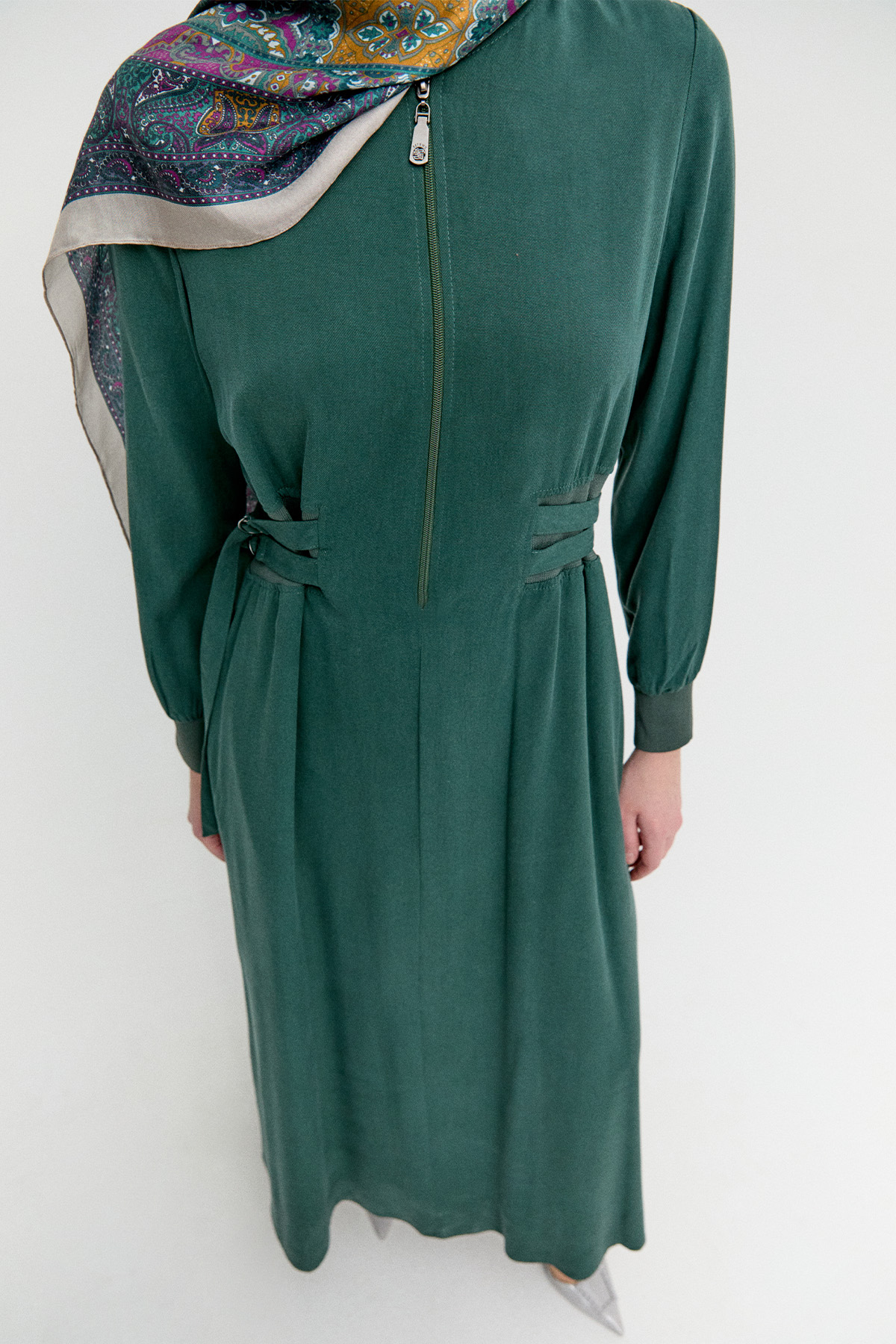 Kemerli Bomber Yakalı Lyocell Elbise, Tesettür Giyim