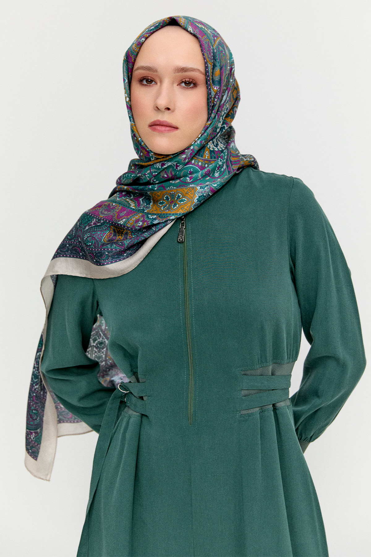 Kemerli Bomber Yakalı Lyocell Elbise, Tesettür Giyim