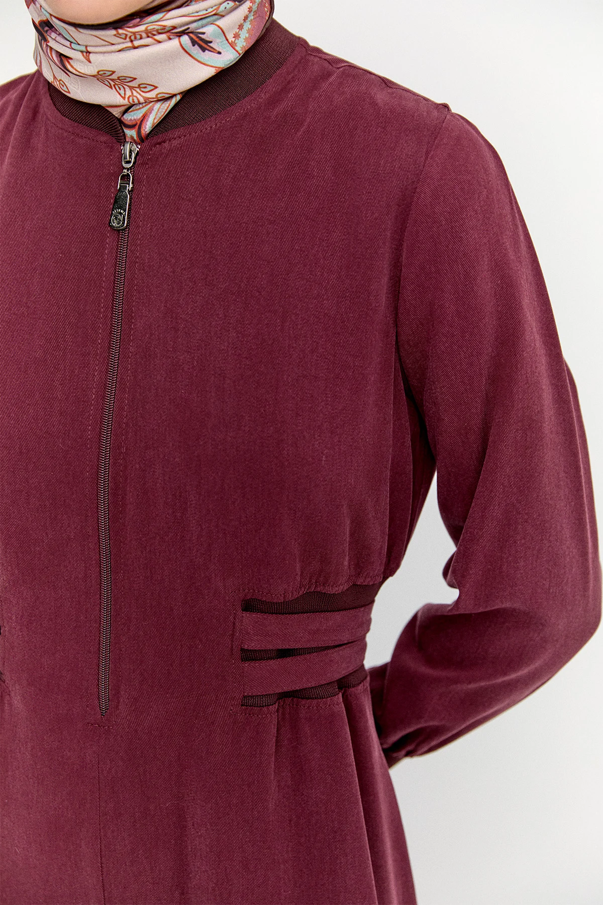 Kemerli Bomber Yakalı Lyocell Elbise, Tesettür Giyim