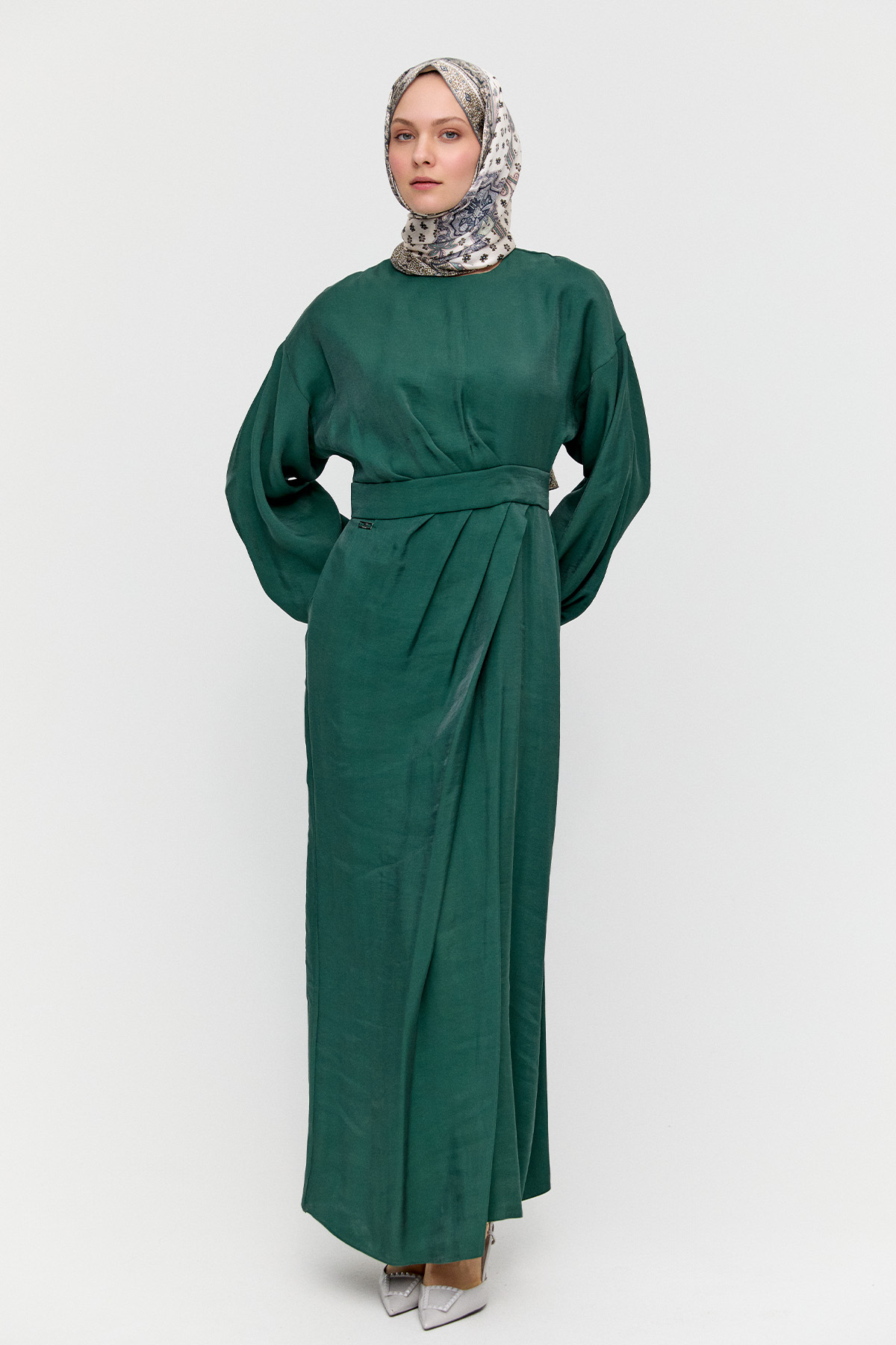 Drape Detaylı Jakarlı Elbise