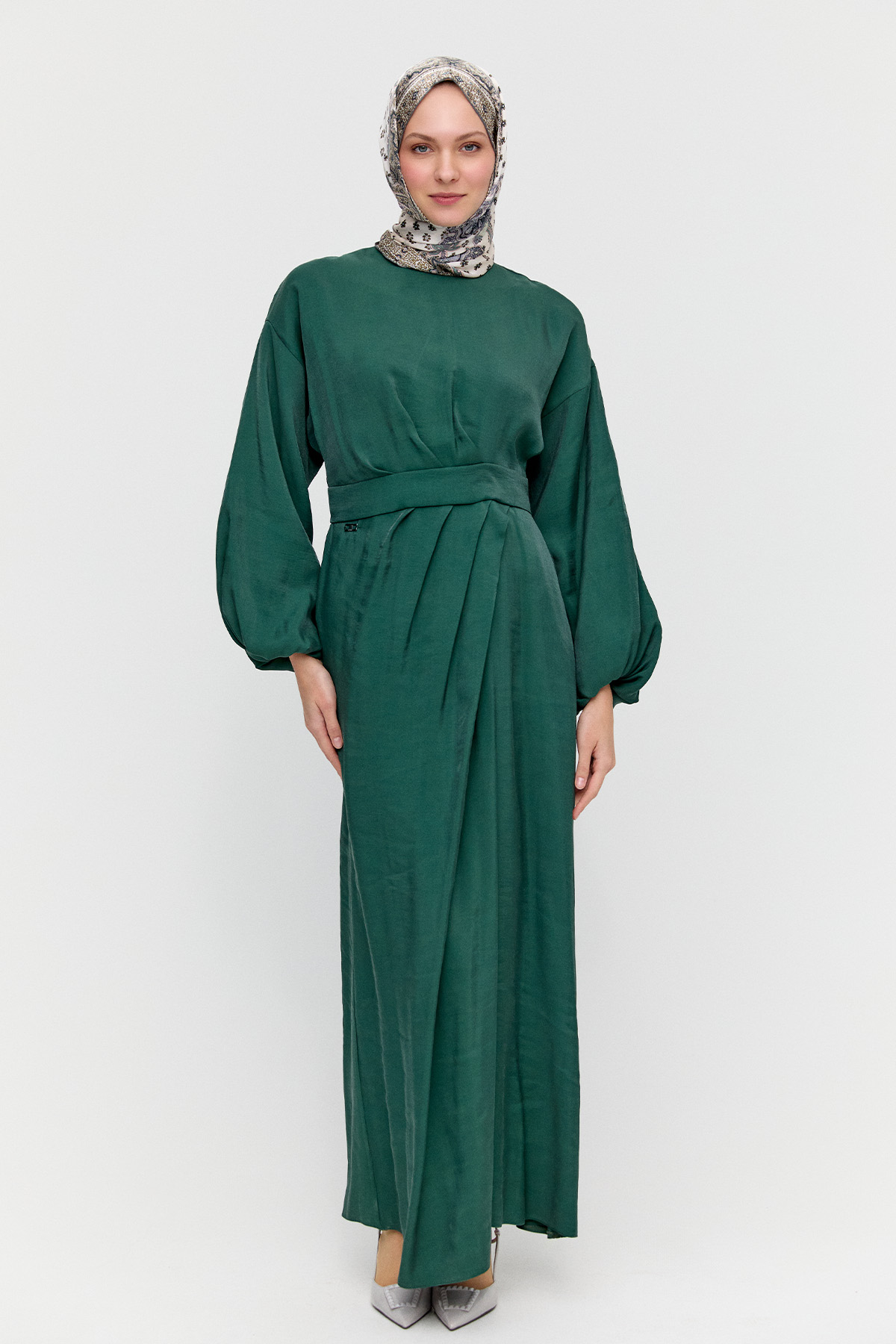 Drape Detaylı Jakarlı Elbise