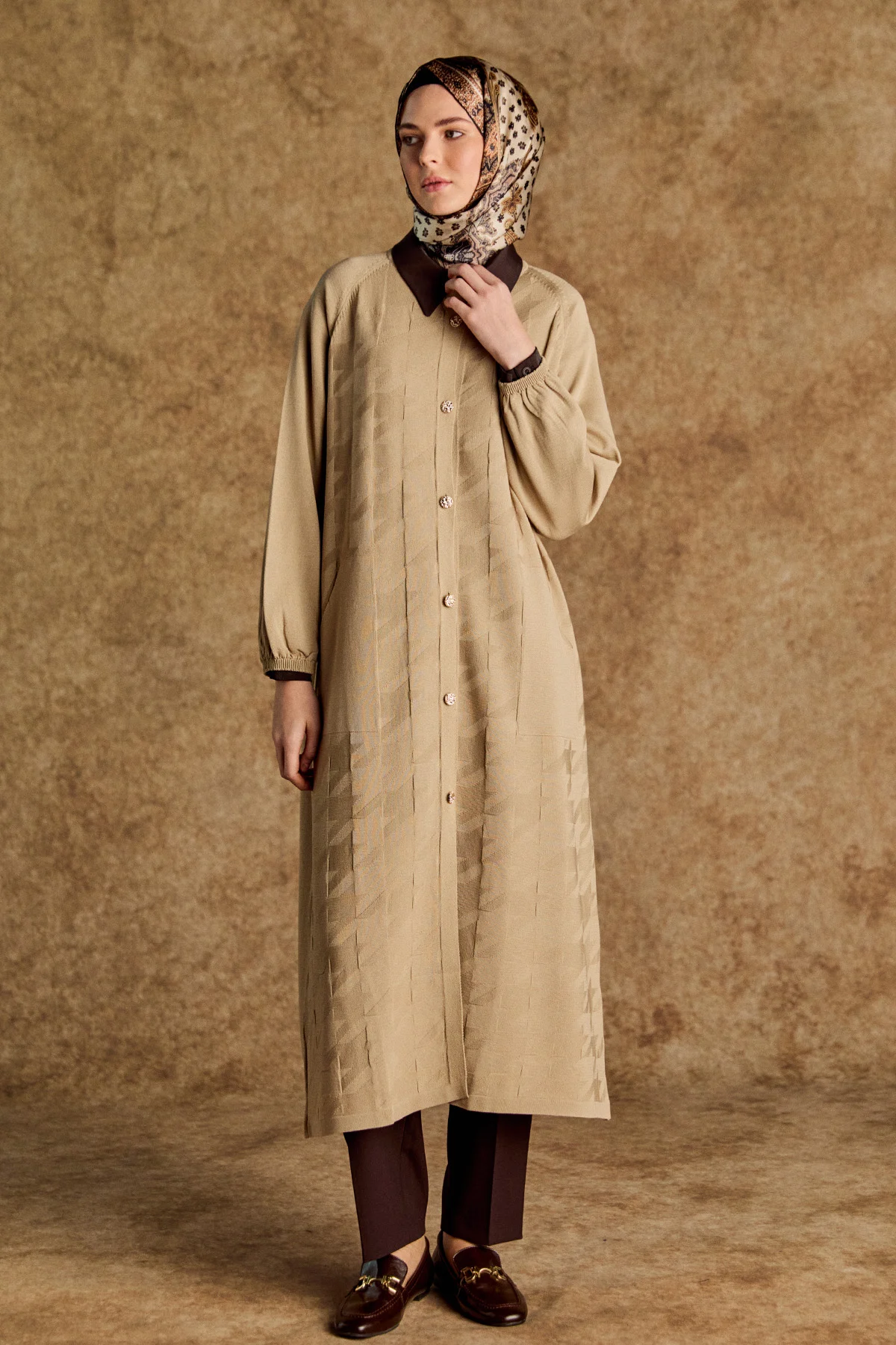 Kazayağı Desenli Uzun Triko Hırka, Tesettür Giyim