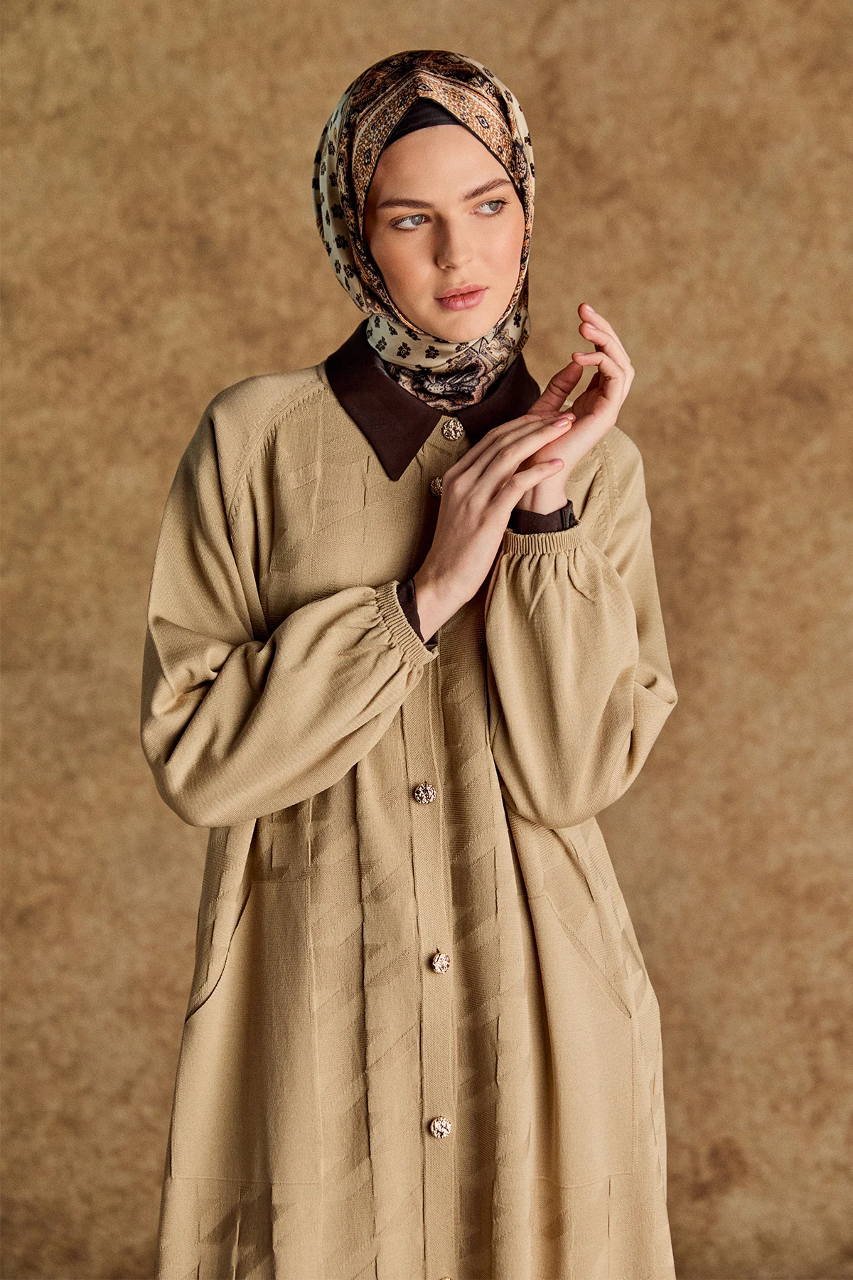 Kazayağı Desenli Uzun Triko Hırka, Tesettür Giyim