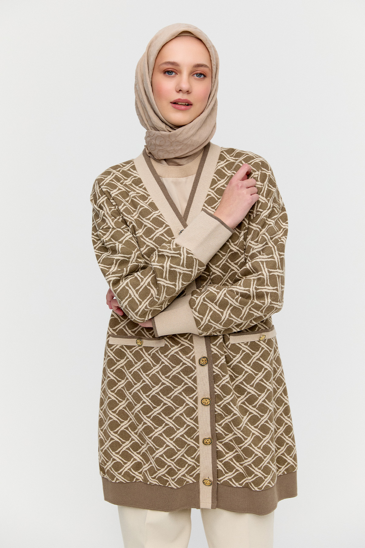 V Yaka Desenli Hırka