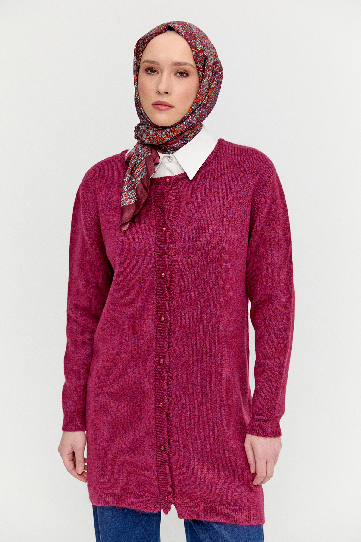 Yuvarlak Yakalı Düğmeli Triko Hırka, Tesettür Giyim