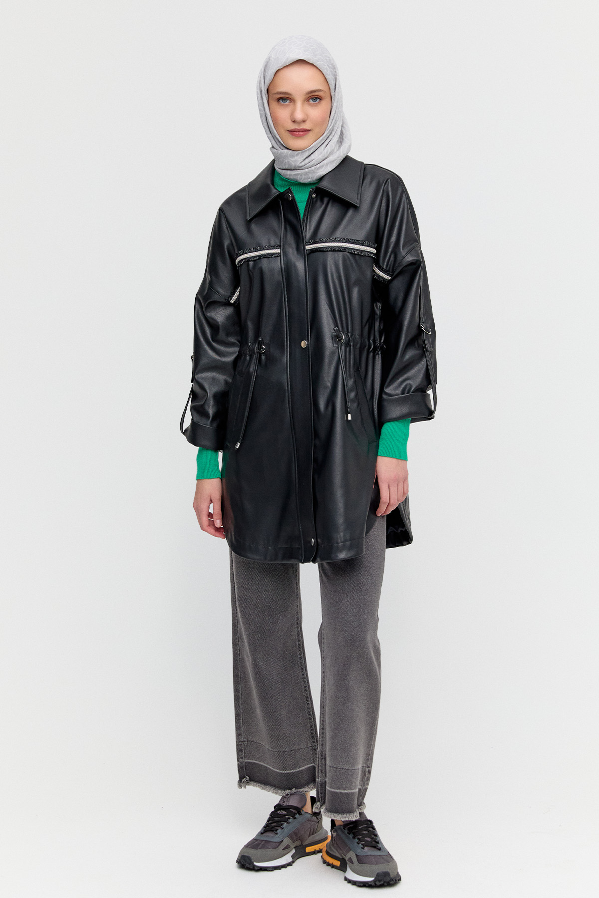 Taş Şeritli Suni Deri Ceket