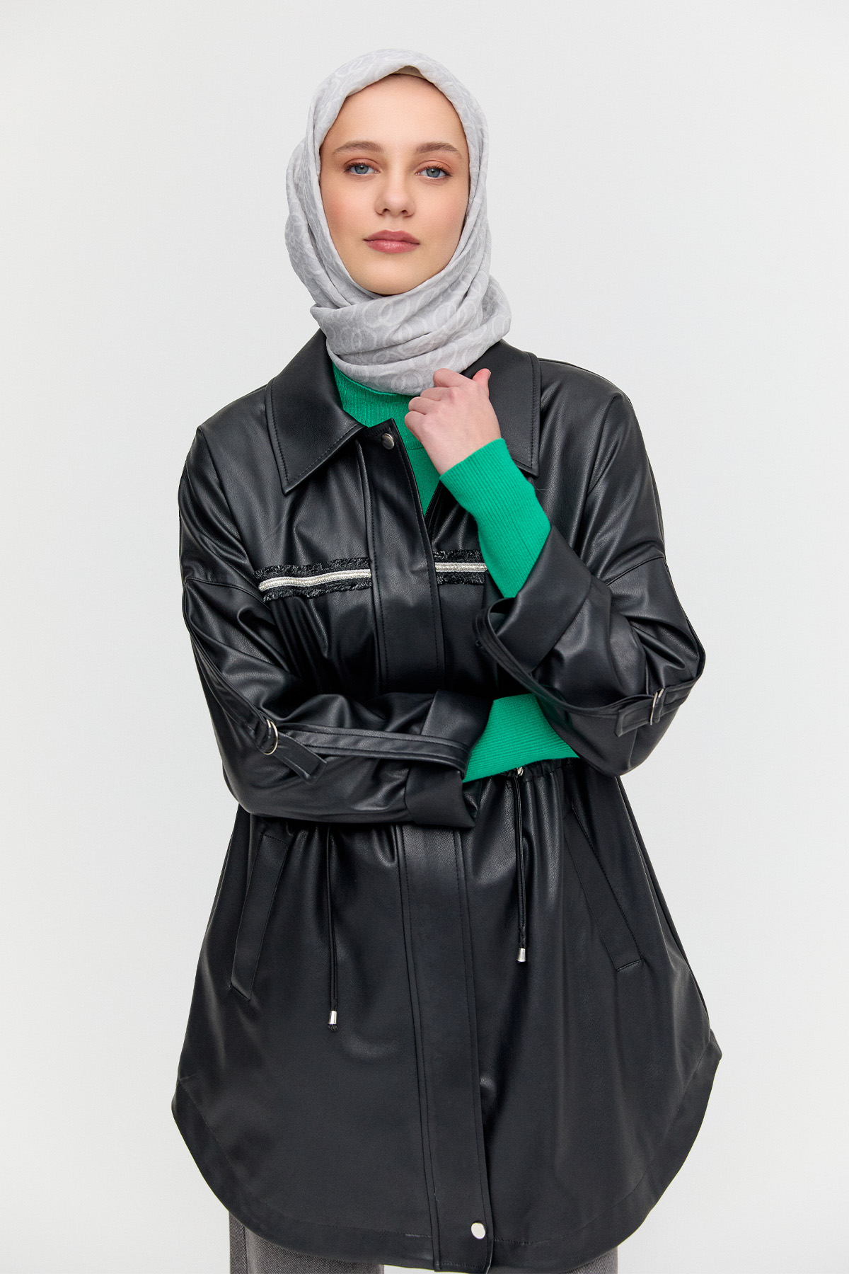 Taş Şeritli Suni Deri Ceket