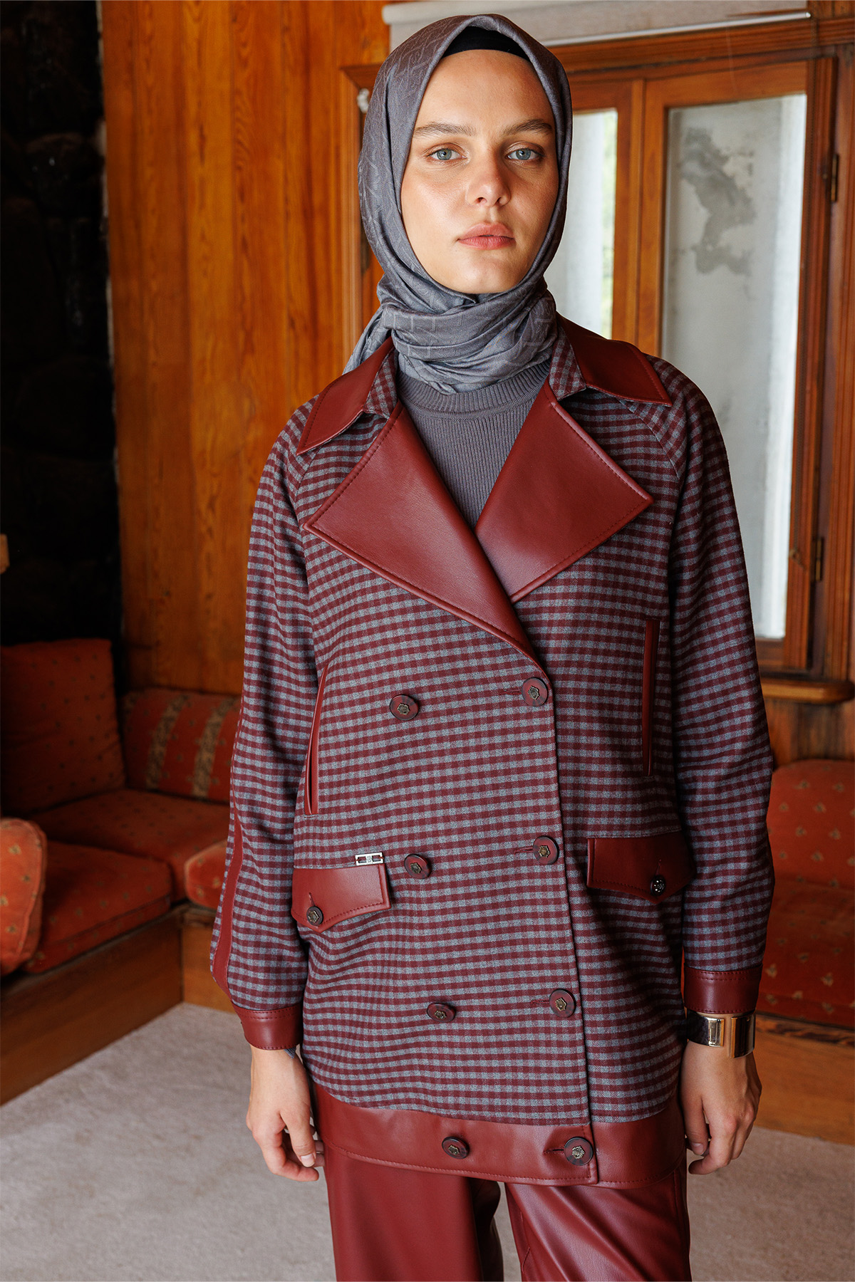 Kareli Suni Deri Oversize Kap, Tesettür Giyim