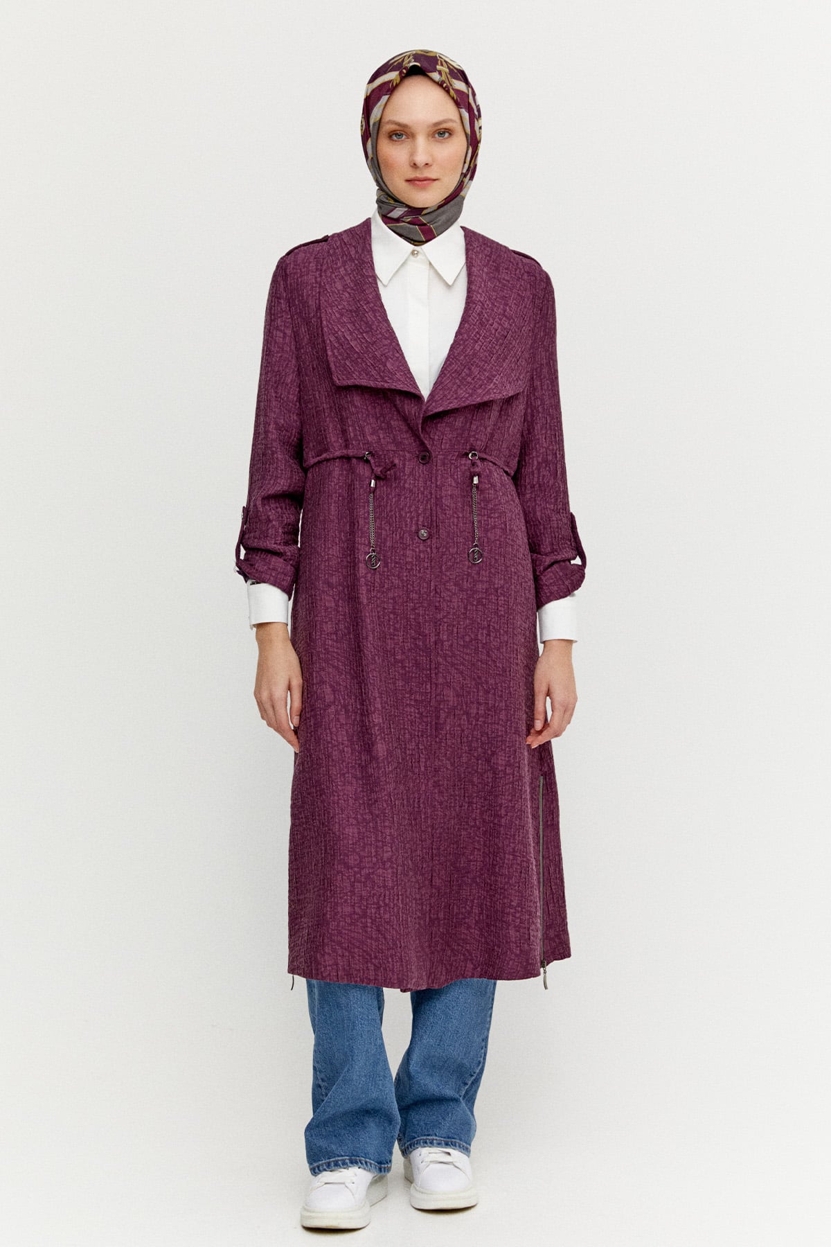 Dokulu Lyocell Stoper Kuşaklı Kap, Tesettür Giyim