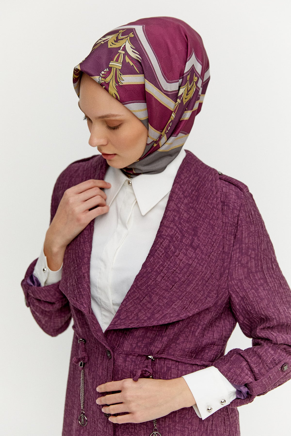 Dokulu Lyocell Stoper Kuşaklı Kap, Tesettür Giyim