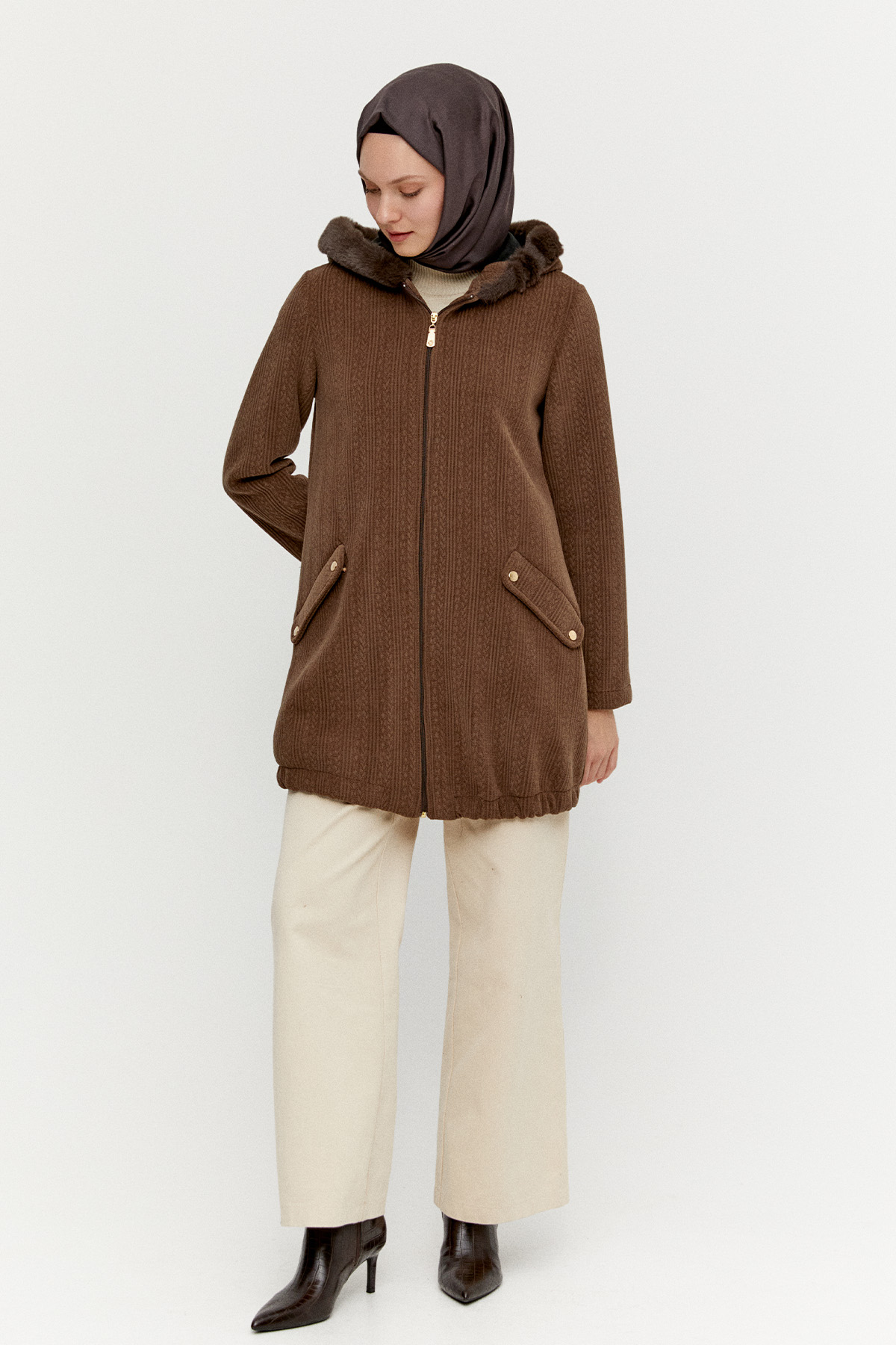 Suni Kürk Kapüşonlu Dokulu Kap