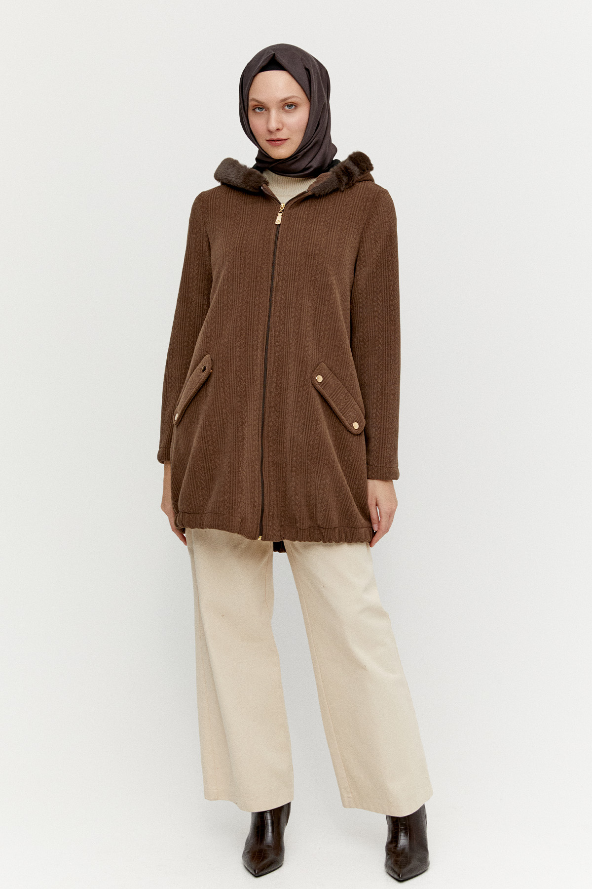 Suni Kürk Kapüşonlu Dokulu Kap