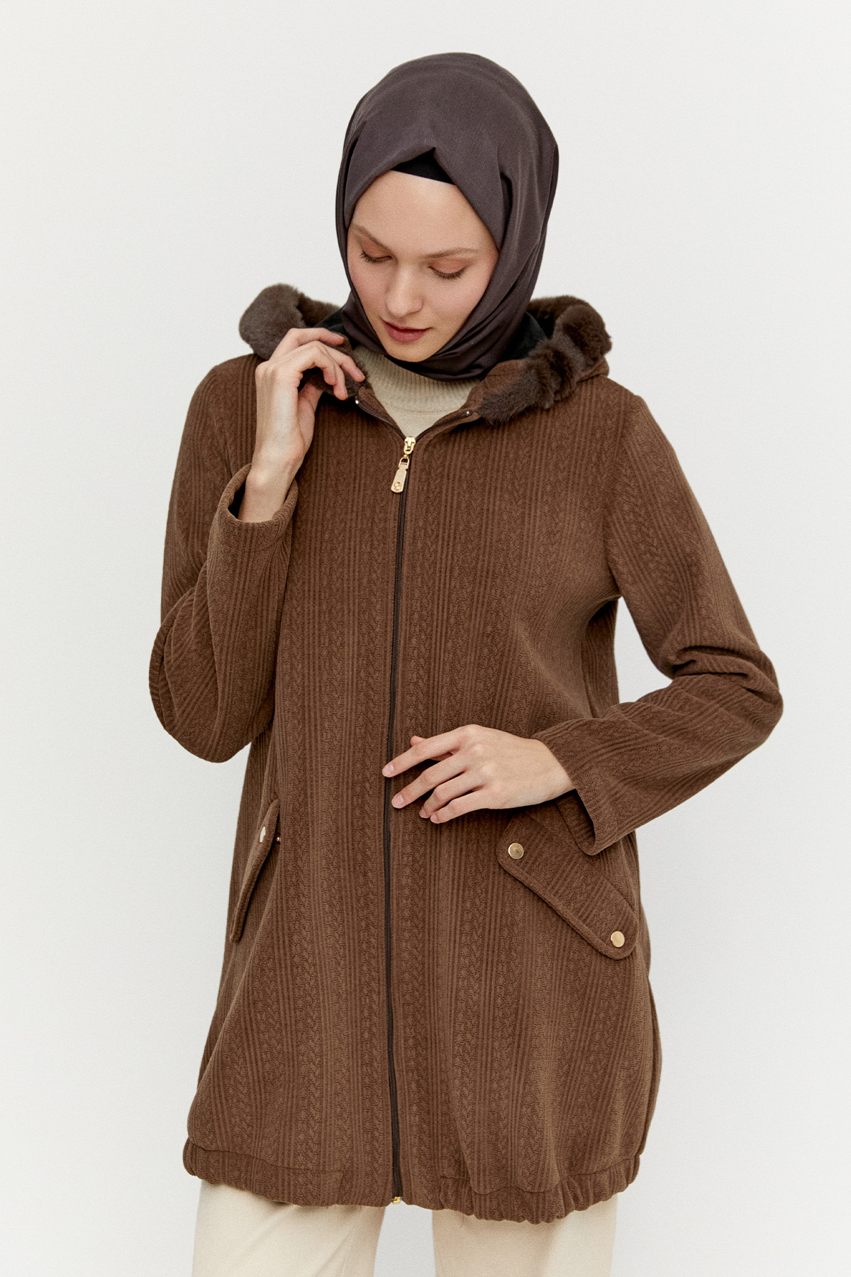 Suni Kürk Kapüşonlu Dokulu Kap