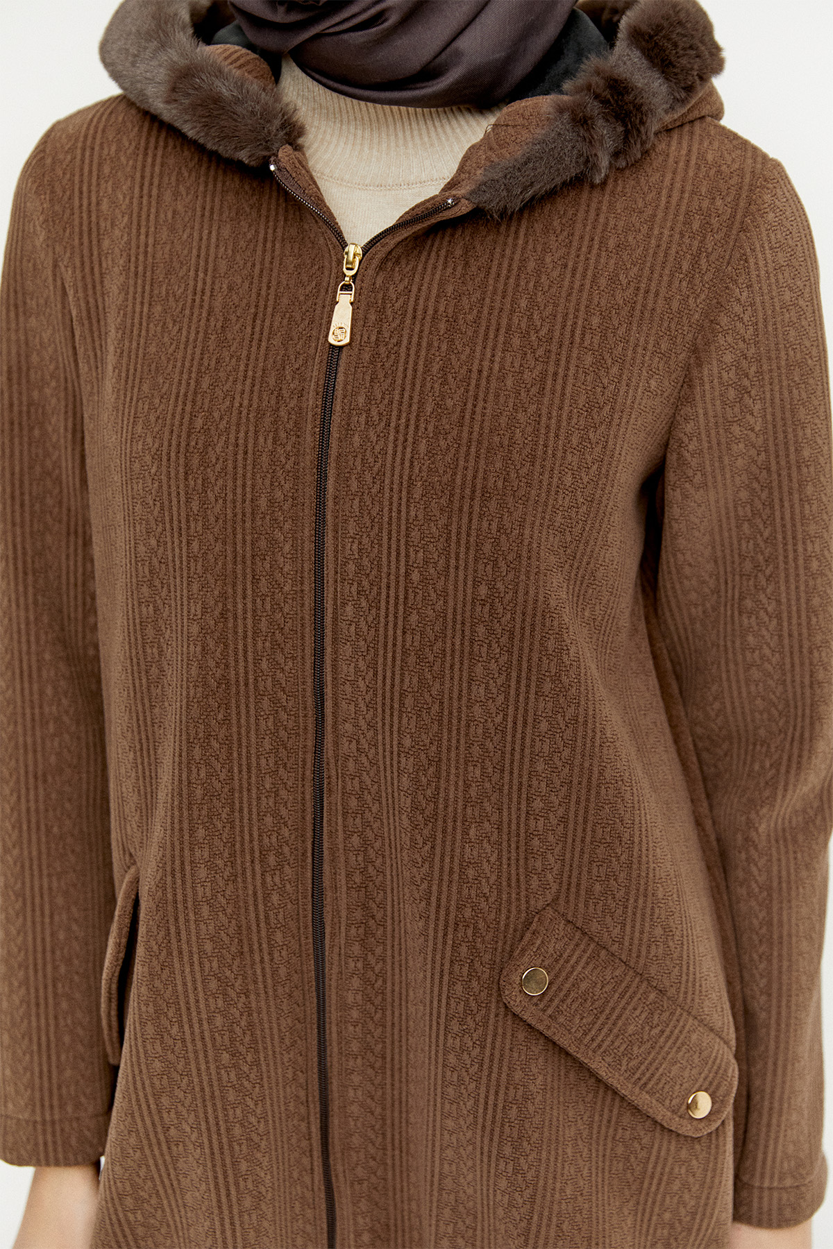 Suni Kürk Kapüşonlu Dokulu Kap