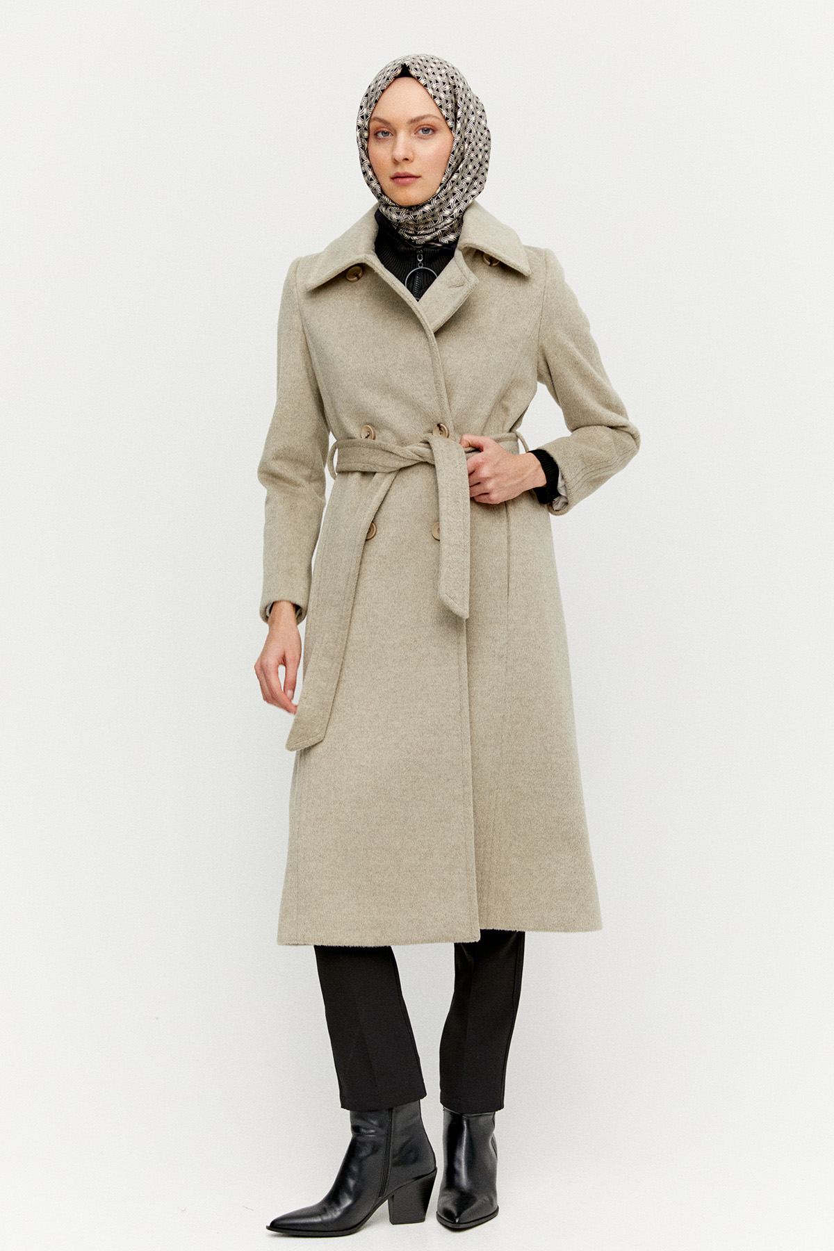 Kuşaklı Kruvaze Kaşe Kaban