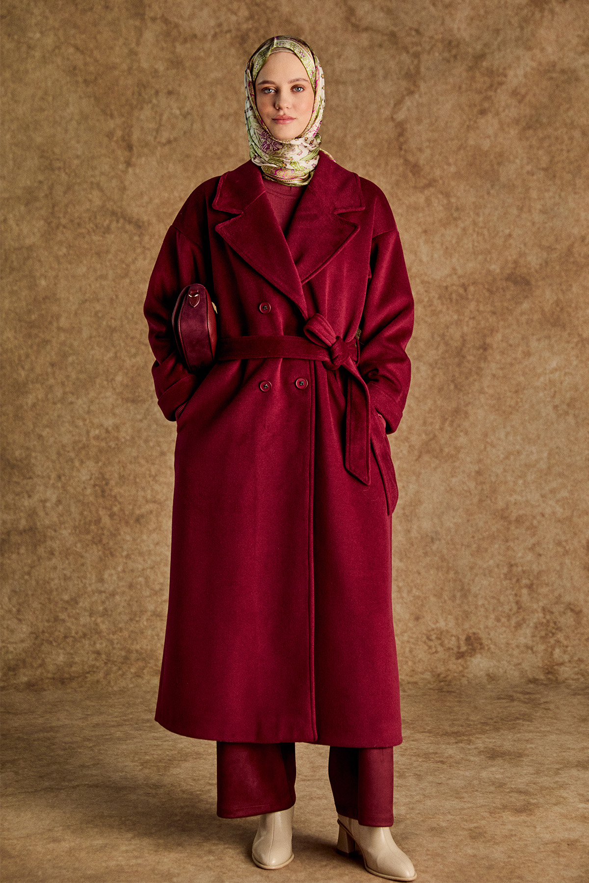 Ceket Yakalı Kuşaklı Kruvaze Kaşe Kaban