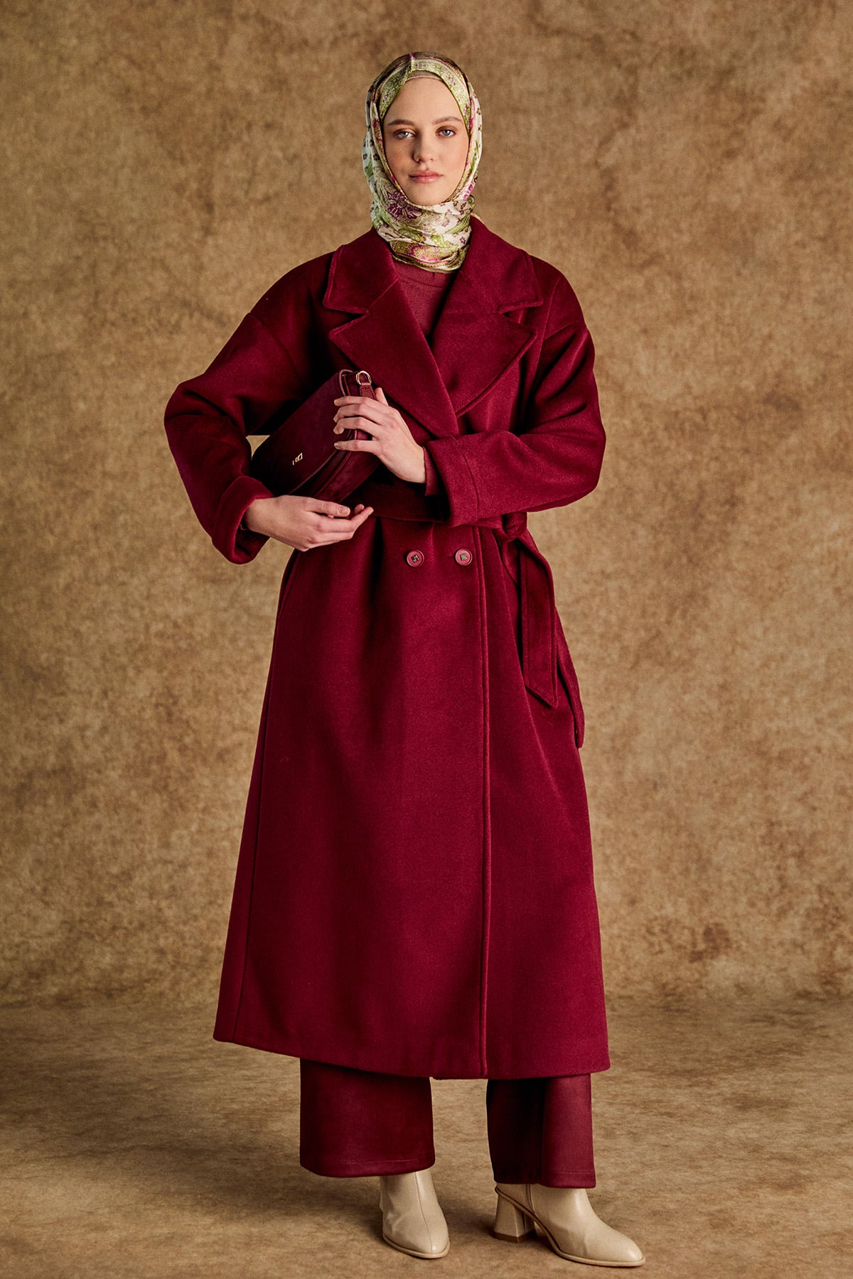 Ceket Yakalı Kuşaklı Kruvaze Kaşe Kaban