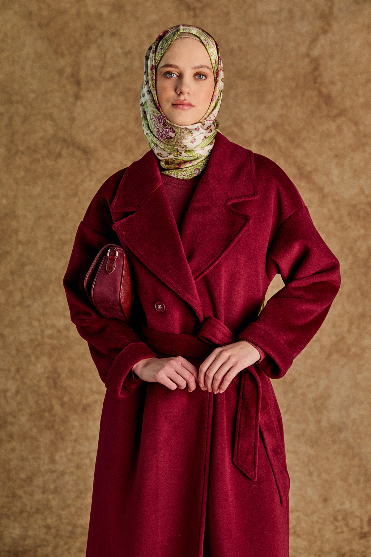 Ceket Yakalı Kuşaklı Kruvaze Kaşe Kaban