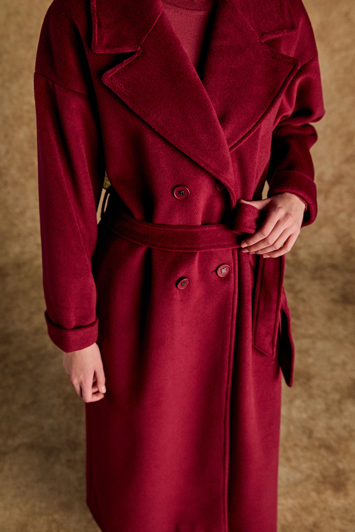 Ceket Yakalı Kuşaklı Kruvaze Kaşe Kaban